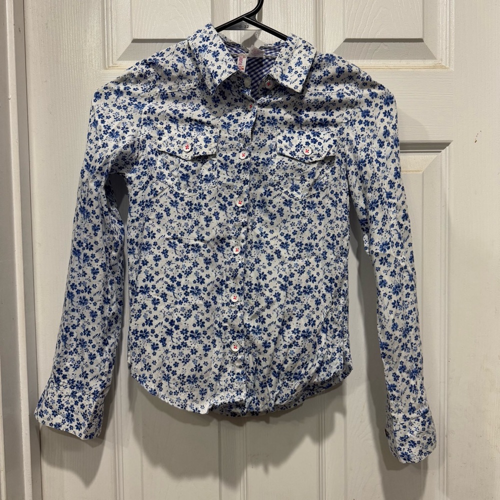 10 for $10 Japna Blue and White Button Down Shirt with Floral Print